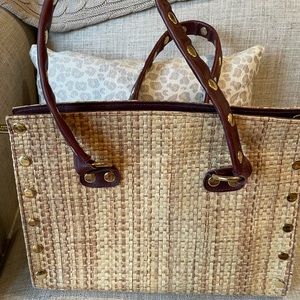 Hammitt handbag, straw-like material, burgundy leather with gold details.